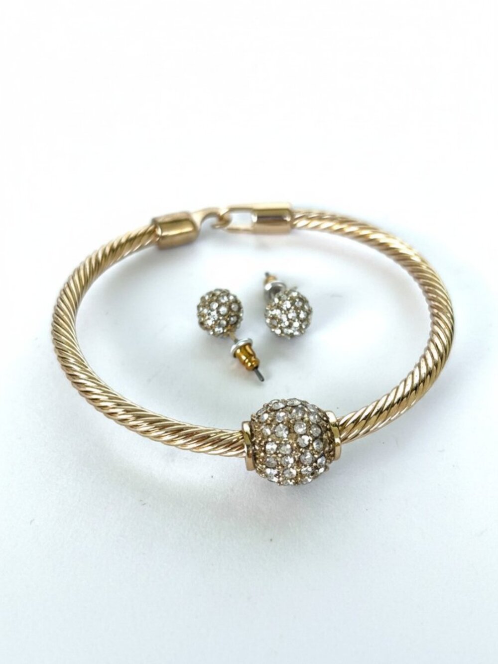 Gold Tone Crystal Cable Bracelet & Stud Earrings Jewelry Set